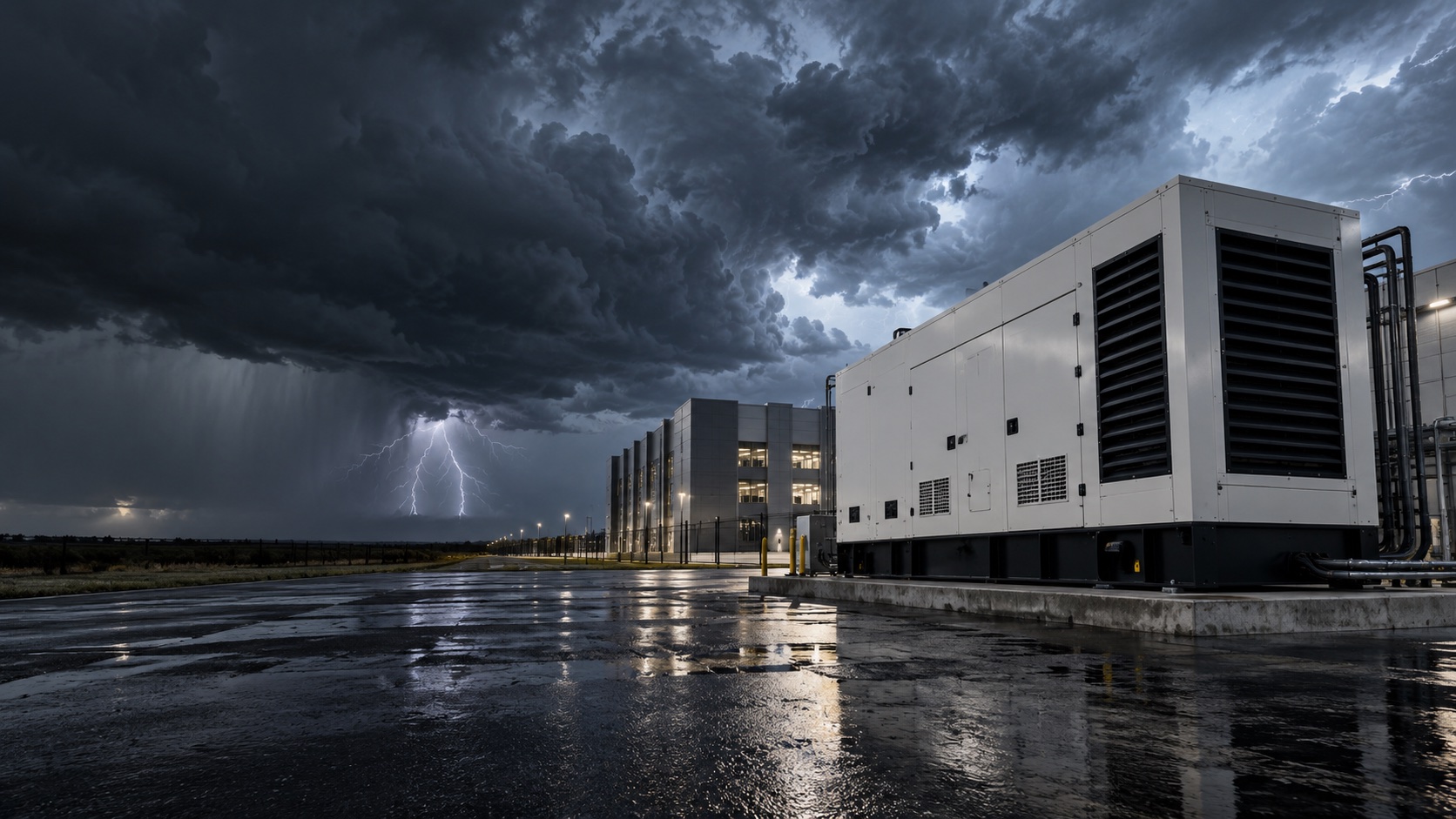 Industrial backup generator in a thunderstorm